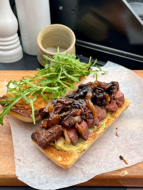 Steak Ciabatta with Caramelised Onions and Roasted Garlic and Chive Aioli Steak Sandwich With Garlic Aioli, Steak Ciabatta Sandwich, Bacon Gravy, Caramelised Onions, Garlic Aioli, Steak Sandwich, Grilled Steak, Fried Onions, Aioli