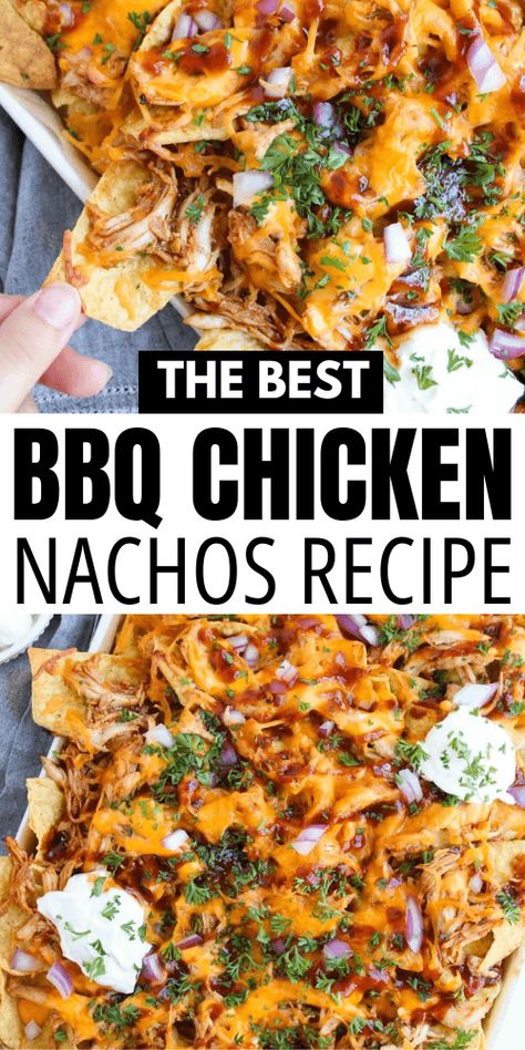 Looking for an easy chicken nachos recipe? Our oven-baked BBQ chicken nachos are simple to prepare and packed with flavor! With shredded BBQ chicken and all your favorite toppings, this dish is sure to impress. Pin this for your next party! Barbecue Chicken Nachos, Easy Chicken Nachos Recipe, Easy Sheet Pan Nachos, Bbq Chicken Nachos Recipe, Sheet Pan Nachos Recipe, Easy Chicken Nachos, Shredded Chicken Nachos, Nachos Chicken, Bbq Nachos