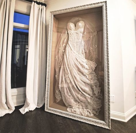 Veil Display After Wedding, Framed Wedding Dress In Closet, Diy Wedding Dress Shadow Box Display, Wedding Dress Framing, Preserved Wedding Dress, Wedding Dress Box Display, How To Display Wedding Dress, Wedding Veil Display Ideas, Wedding Dress Display Case