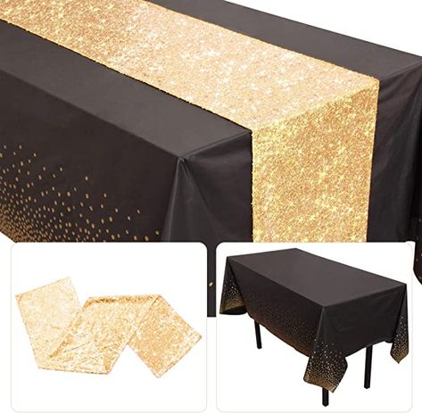 Black Gold Silver Party, Black Gold Party Decorations, Plastic Table Runner, Rose Gold Table Runner, Gold Table Decorations, Gold Table Decor, Gatsby Birthday Party, Black And Gold Party Decorations, Décor Table