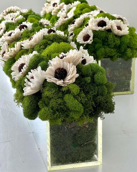 Long Table Centerpieces Moss, Moss Arrangements Floral Design, Moss Floral Arrangements, Moss Centerpiece Wedding, Table Landscape, Long Table Centerpieces, Rehearsal Dinner Themes, Moss Centerpieces, Moss Wedding