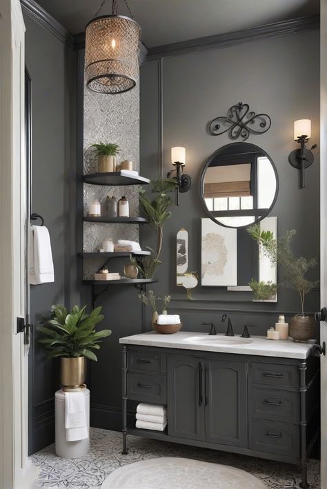 Iron Ore Sherwin Williams Bathroom Vanity, Light Grey Walls Bathroom, Black And Gray Powder Room, Dark Grey Bathroom Walls, Dark Paint Colors For Powder Room With Art, Sw Iron Ore Bathroom Vanity, Best Paint Color For Small Dark Bathroom, Charcoal Bathroom, Cozy Office Space