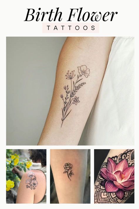 Birth Flower Tattoos – A Beautiful Flower for Each Month – One that Signifies Your Personality Birth Date Flower Tattoo, Flower Of Month Tattoo, Two Birth Month Flower Tattoos, December Birth Flowers Tattoo, Watercolor Birth Month Flower Tattoo, December And July Birth Flower Tattoo, May Birth Flower Tattoo Color, Flowers For Each Month Tattoo, October And March Flower Tattoo