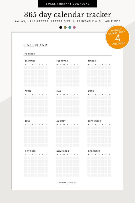 365 days habit tracker printable Habit Tracker Printable Monthly, Monthly To Do List, 365 Day Calendar, Weekly Tracker, Make Every Day Count, Routine Tracker, Day Count, Habit Tracker Bullet Journal, Habit Tracker Printable