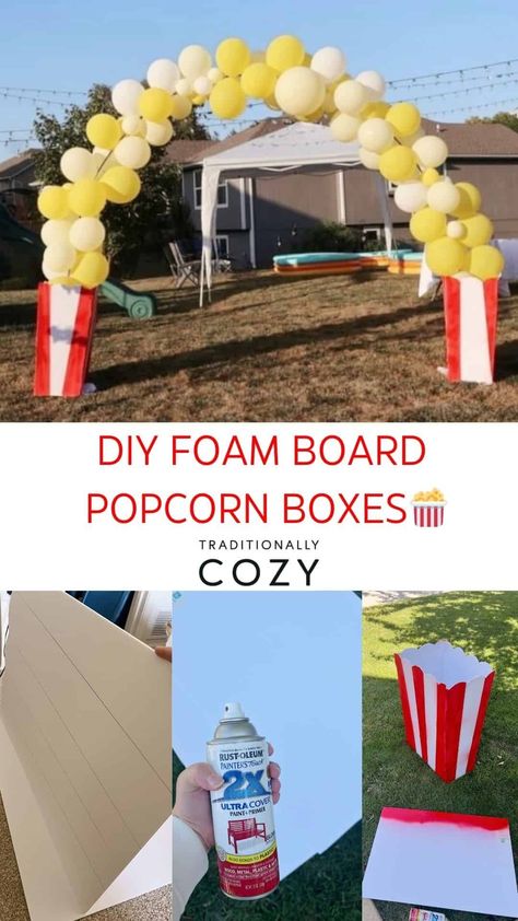 Make your own foam board popcorn boxes for an arch display and a big impact at your backyard movie night birthday party! Backyard Movie Night Birthday Party, Popcorn Box Diy, Arch Display, Movie Night Birthday, Night Birthday Party, Diy Popcorn, Movie Night Popcorn, Movie Night Birthday Party, Popcorn Boxes