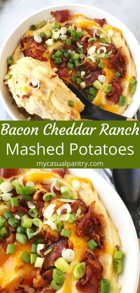 Bacon Cheddar Ranch Mashed Potatoes - silky mashed potatoes loaded with bacon and cheddar cheese and flavored with ranch dressing mix. Indulgent and decadent, these potatoes are perfect for a special meal. Mashed Potatoes Loaded, Ranch Mashed Potatoes, Potatoes Loaded, Cheddar Mashed Potatoes, Bacon Mashed Potatoes, Bacon Ranch Potatoes, Creamy Potatoes, Kitchen Aid Recipes, Loaded Mashed Potatoes