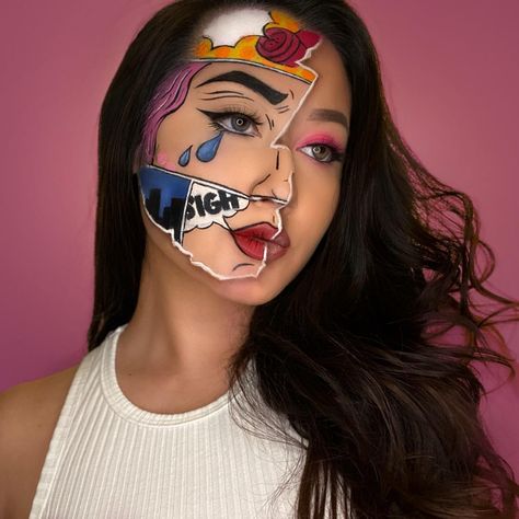 Halloween Makeup Comic Pop Art, Pop Comic Makeup, Pop Art Face Painting, Comic Art Makeup, Pop Art Makeup Looks, Pop Art Body Painting, Pop Art Face Makeup, Comic Makeup Pop Art, Comics Makeup Pop Art