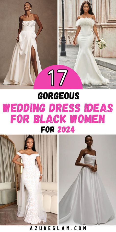 Elevate your bridal style with our stunning array of 17 Wedding Dress Ideas for Black Women 2024. Designed to celebrate the beauty and uniqueness of black brides, our collection features luxurious champagne dresses, timeless ballgowns, and romantic boho styles. Whether you're dreaming of a fairytale wedding or a sophisticated affair, we have the perfect gown to complement your vision. Different Wedding Dress Styles Chart, 2024 Wedding Trends Dress, Gowns For Black Women, Black Woman Wedding Dress, Wedding Dress Styles Chart, Black Women Wedding Dresses, Different Wedding Dress Styles, American Wedding Dress, Champagne Dresses