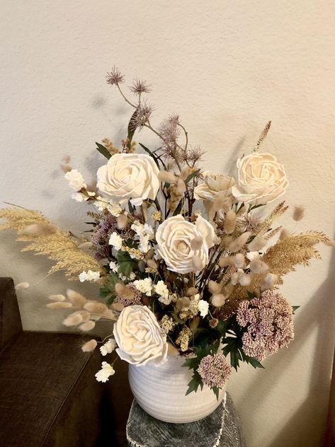 Dried and fake flowers arrangement Faux Dried Flower Arrangements, Farmhouse Dried Flowers, Dried Flower Arrangements In Oasis, Fake And Real Flowers Mixed, Pastel Dried Flower Arrangements, Fake Flower Arrangements, Dried Flower Bouquet, Dried Flower Arrangements, Fake Flowers