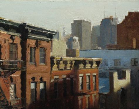 Industrial Paintings, Urban Painting, Water Towers, City Painting, Architecture Painting, Cityscape Art, Cityscape Painting, Paintings I Love, Plein Air Paintings