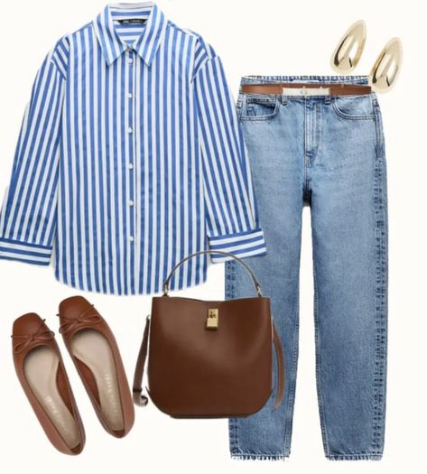 What To Wear For University, White And Navy Outfits For Women, Outfits With Blue And White Stripe Shirt, Blue Shirt Work Outfit Women, Blue Striped Shirt Outfit Winter, Blue Striped Button Up Shirt Outfit, Classic Womens Outfits, Navy Blue Top Outfit With Jeans, Blue And White Striped Button Up Outfit