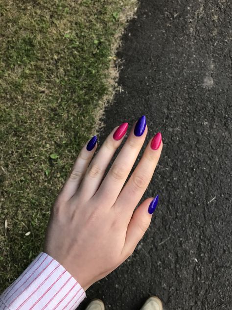 Electric Blue And Pink Nails, Pink And Dark Blue Nails, Dark Blue And Pink Nails, Pink Purple Blue Nails, Tv Girl Nails, Blue Pink Nails, Pink And Blue Nails, Dark Pink Nails, Neon Pink Nails