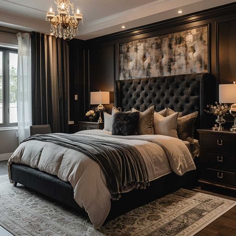 6+ Stunning Black Furniture Bedroom Ideas to Impress • 333+ Art Images Black Bedroom Design Ideas, Black And Brown Master Bedrooms Decor, Victorian Room Ideas Bedrooms, Black Bedroom Bedding Ideas, Dark Headboard Bedroom Ideas, Dark Bedroom Furniture Ideas, Mafia Bedroom Aesthetic, Dark Bedroom Luxury, Black Bedframe Bedroom Ideas Aesthetic