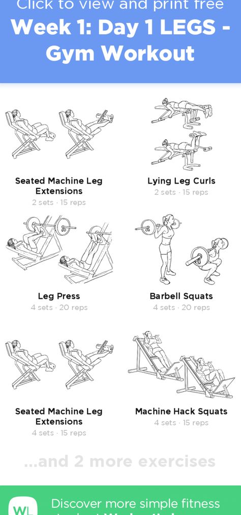 Week 1: Day 1 LEGS - Gym Workout – click to view and print this illustrated exercise plan created with #WorkoutLabsFit Lying Leg Curls, Workout Fitness Motivation, Paleo Workout, Motivation Photo, Workout Labs, Woman Workout, Fitness Pictures, Reps And Sets, Leg Machines