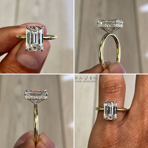 Gold Emerald Cut Engagement Ring, Emerald Wedding Rings Set, Halo Solitaire Engagement Ring, Gold Band Engagement Rings, Dream Wedding Ring, Emerald Wedding Rings, Emerald Cut Diamond Ring, Cute Engagement Rings, Future Engagement Rings