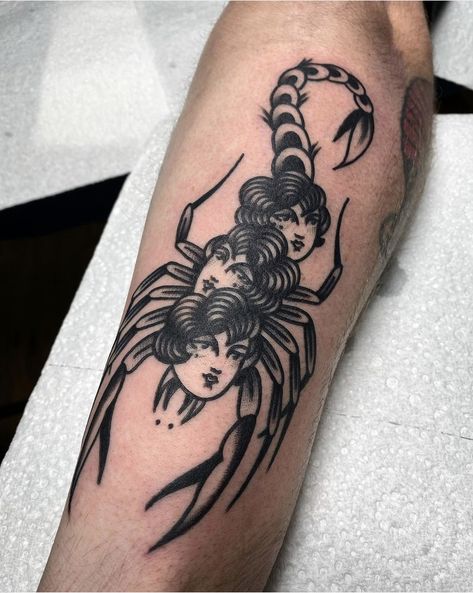 Tradition Black Tattoo, Traditional Tattoo Of A Woman, Spooky Traditional Tattoo Black, Scorpion American Traditional Tattoo, Trippy American Traditional Tattoo, American Gothic Tattoo, Ball And Chain Tattoo Traditional, Traditional Thigh Tattoo Women, Dark American Traditional