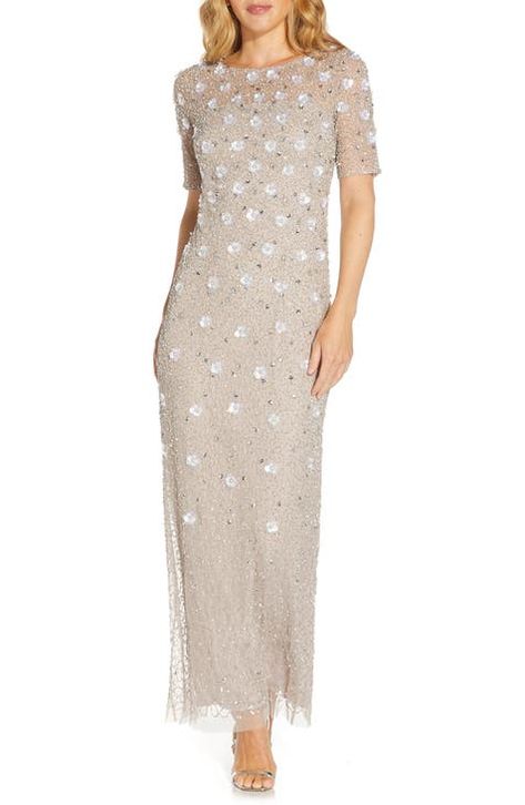 Beaded Evening Gowns, Beaded Maxi Dress, Mother Of Groom Dresses, Floral Gown, Mob Dresses, Embellished Gown, Floral Sheath Dress, Gowns Online, Gowns With Sleeves