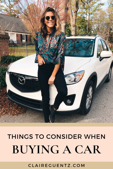 What to Consider Financially When Buying a New Car | I just bought my first car in 13 years &  there were a lot of things I considered before buying - do I go new or used, should I buy the luxury vehicle I want because it technically fits in my budget, or is there a better use for that money? One thing I knew is I wanted to buy it with cash rather than finance it. Read to get my tips for buying a car & staying aligned with your financial goals. | Claire Guentz #carbuyingtips #financialtips Buying My First Car, Car Buying Outfit, Bought My First Car, Buying A New Car, My First Car, Buying A Car, Buying New Car, Luxury Vehicle, Lexus Rx 350