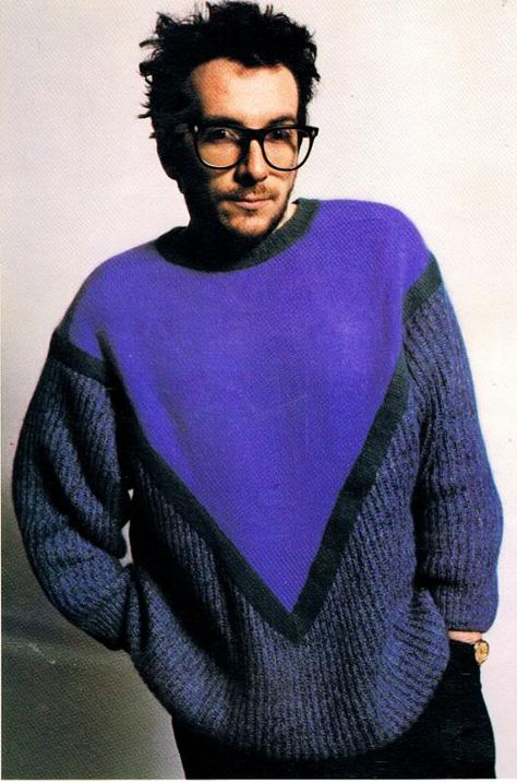 elvis costello and the attractions: clocking in across america tour, the music hall, houston, sept. 6, 1983 Elvis Costello, Robert Smith, Music Hall, Music People, Classic Rock, New Wave, Colorful Fashion, Houston, Men Sweater