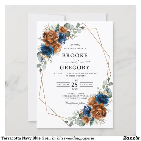 Floral Theme Wedding, Navy Blue Terracotta, Flower Oasis, Rusting Wedding, Color Terracota, Geometric Wedding Invitation, Rustic Save The Dates, Elegant Bouquet, Floral Save The Dates