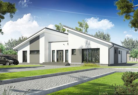 Voorzijde bungalow Semi Detached Bungalow, Small Contemporary House Plans, Dormer House, Skillion Roof, Flat Roof House, Detached Bungalow, Bungalow Style House Plans, Contemporary House Exterior, Duplex Design