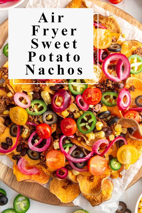 Air Fryer Sweet Potato Nachos are the crispiest, cheesiest nachos made from sweet potatoes! They are completely oil-free and plant-based. Load them up with your favorite toppings for a healthier nacho alternative. ‍#plantbasedideas #healthy #plantbasedrecipeshealthy #veganlifestyle #plantbasedeating #healthyplantbased #eating #plantbaseddinner #plantbaseddinnereasy #glutenfreeplantbasedrecipes #plantbased #glutenfree #vegan #recipes #easy #vegan #plantbased Sweet Potatoes Nachos, Sweet Potato Nachos Air Fryer, Sweet Potato Nachos Healthy, Air Fryer Nachos Recipes, Blog Examples, Sweet Potato Crisps, Salt Free Recipes, Vegan Tacos Meat, Potato Nachos