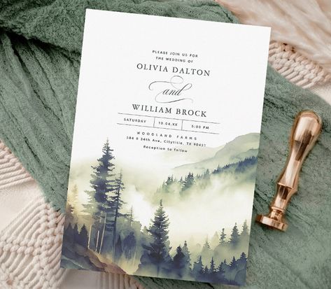 Transport yourself to a mesmerizing scene of a hazy, ethereal mountainous terrain, with endless rows of lush, verdant forests stretching out as far as the eye can see. For couples who share a deep appreciation for the natural world, or those who have fallen in love amidst the beauty of the great outdoors, look no further. This watercolor invitation captures the essence of your special connection with nature, making it the perfect choice for your wedding celebration in the breathtaking mountains. Alaska Themed Wedding, Wedding Invitations Forrest, Mountain Save The Date Ideas, Pnw Wedding Invitations, Wedding Invite Styles, Nature Wedding Invites, Wedding Theme Nature, Twilight Wedding Invitation, Outdoorsy Wedding Invitations