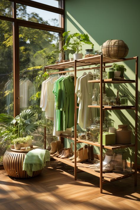 Step into a tranquil world of the serene and peaceful ambiance of this green clothing rack adorned with beautiful green plants. Embrace the style of golden light and transparent layers that create a play of light and shade. #Fashion #OrganicHarmony #WardrobeDelight #SereneAmbiance #GoldenLight #InteriorDesign #Midjourney #Casadiso #SydneyFurniture#Closet #Shoe rack #Entryway #bohemian home #Room Aesthetic #Garment Rack Garment Rack Aesthetic, Vintage Clothes Rack, Clothes Rack Aesthetic, Clothes Rack Bedroom, Closet Shoe Rack, Shoe Rack Tall, Green Wardrobe, Green Closet, Clothing Rack Bedroom