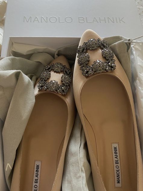 Manolo Blahnik Hangisi Flats, Hangisi Flats, Champagne Aesthetic, Manolo Blahnik Flats, Manolo Blahnik Hangisi, Shoes Heels Classy, Wedding Shoes Flats, Embellished Shoes, Jimmy Choo Heels