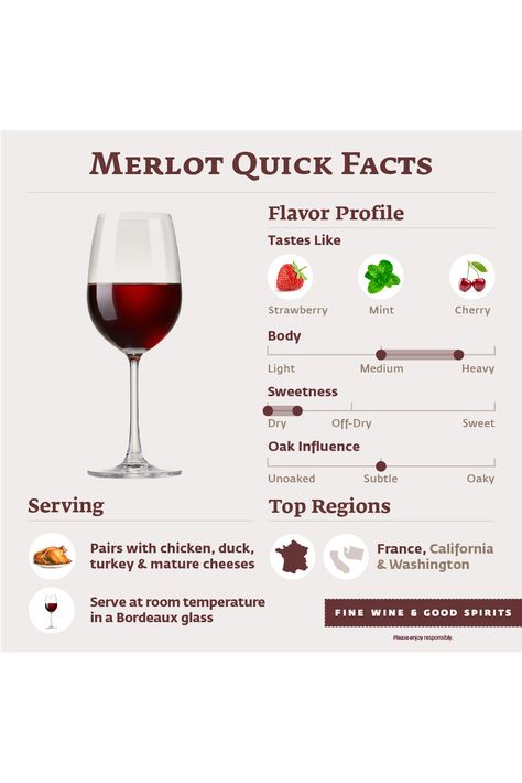 A quick overview for Merlot wine. Merlot Food Pairing, Merlot Pairing, Red Wine Pairing Food, Red Wine Sweetness Chart, Wine For Beginners, Merlot Wine Pairing Food, Basic Wine Guide, Wine Basics, Wine Chart