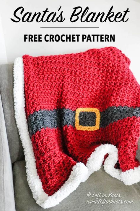 You can crochet this beautifully textured blanket quickly in time to set out with your Christmas decor. Santa’s Blanket is a free crochet pattern that uses super bulky yarn for quick and easy construction, and the faux fur border is the perfect way to finish the edge. This farmhouse inspired blanket will accent your classic and traditional Christmas decor perfectly! Keep reading for the free crochet pattern. Santa Blanket, Crocheted Santa, Christmas Crochet Blanket, Crochet Bobble, Crocheted Christmas, Crochet Santa, Lion Brand Wool Ease, Crochet Xmas, Confection Au Crochet