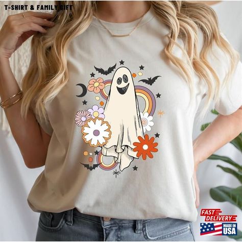 Halloween Retro Ghost Shirt Spooky Season T-Shirt Tee Classic Hoodie Check more at https://tshirtfamilygift.com/product/halloween-retro-ghost-shirt-spooky-season-t-shirt-tee-classic-hoodie/ Ghost Sketch, Flower Ghost, Vintage Ghost, Retro Ghost, Halloween Retro, Ghost Shirt, 6 Month Baby, Light Blue Shirts, Ghost Halloween