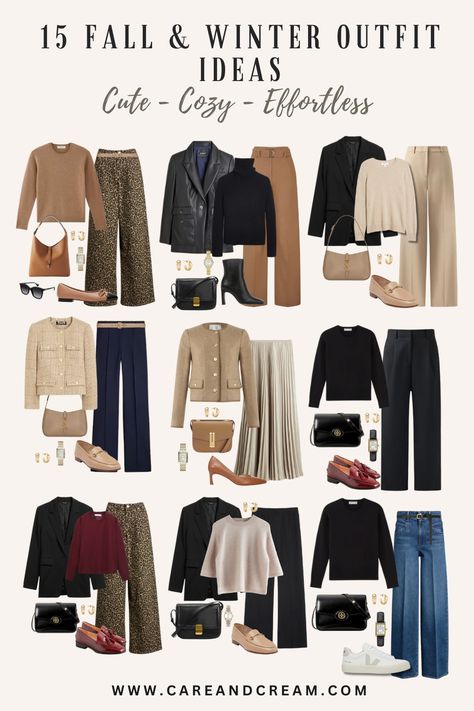 Looking for outfit inspiration this season? Discover 15 cute and cozy fall and winter outfits that you'll definitely want to copy! Explore chic and casual styles perfect for cold weather. From fall outfits for women to winter outfits for women, we've got you covered. Find trendy aesthetic outfit ideas with cashmere sweaters, black blazers, lady jackets, leopard jeans, and more. Elevate your fall style and winter style with these essential looks! Trendy Aesthetic Outfits, Mode Ab 50, Fall And Winter Outfits, Outfit Ideas For Fall, Stile Hijab, Winter Outfit Ideas, Chique Outfits, Style Inspiration Winter, Wardrobe Outfits