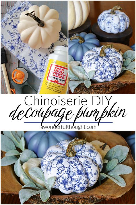 Chinoiserie Diy, Diy Chinoiserie, Decoupage Pumpkins, Chinoiserie Pumpkins, Mod Podge Matte, Diy Decoupage, Plastic Pumpkins, Decoupage Diy, Easy Fall Crafts