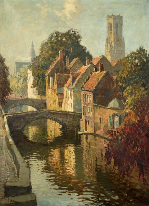 Ben Viegers (1886–1947), Stadsgezicht op Brugge. Gesigneerd l.o., doek, afm. 76 X 56 cm. Odaiba, Dutch Painters, Old Paintings, Aesthetic Painting, Beginner Painting, Old Art, Pretty Art, Impressionism, Classic Art