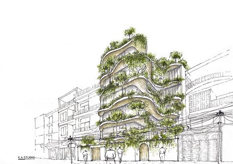 Oasis Architecture Concept, Apartment Concept Architecture, Mid Rise Building, Oasis Architecture, Oasis Design, Hotel Floor Plan, Green Facade, Building Sketch, Urban Landscape Design