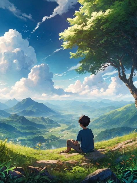 A Little Boy Is Sitting Under A Tree On Mountain#pikbest##Photo Anime With Nature, Nature Aesthetic Art Drawing, Nature In Anime, Art Reference Photos Landscape, Mountain Scenery Painting, Sitting In Nature, Peaceful Mountains, Peaceful Wallpaper, Nature Illustration Art