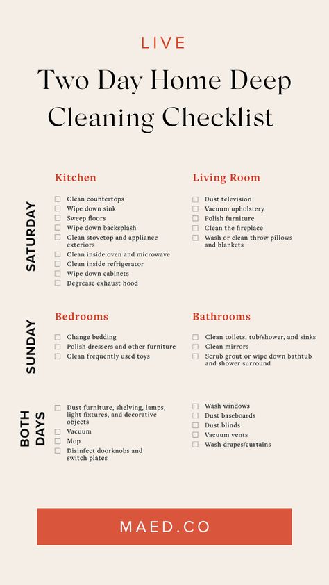 Get this ultimate deep cleaning house checklist to efficiently clean all the rooms in your home in just 2 days. MAED shares a follow up cleaning checklist to help you maintain a clean home. Deep Clean House 1 Week, One Day Deep Clean Checklist, New Year Deep Cleaning House Checklist, Deep Cleaning House Checklist One Day, Nesting Checklist Deep Cleaning, 3 Day House Cleaning Schedule, Full House Clean In One Day, Order To Clean The House, Deep Clean House In A Week