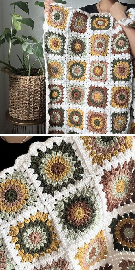 A woman is displaying a crocheted afghan. Modern Haken, Crochet Granny Square Tutorial, Granny Blanket, Granny Square Crochet Patterns Free, Crochet Blanket Designs, Crochet Granny Square Blanket, Crochet Quilt, Crochet Granny Square, Granny Square Blanket