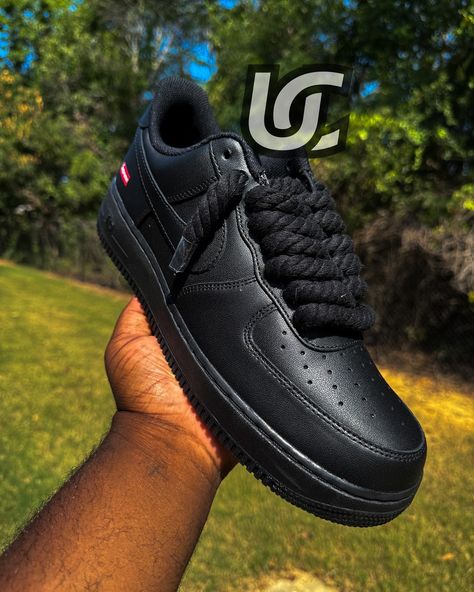 Black Supreme AF1s with Rope Laces❤️‍🔥 Make sure yall like, comment, share and follow @uziscustomz for more content🫶🏾 Black Supreme, Like Comment Share, Lace Making, Make Sure, Lace, Quick Saves, Black