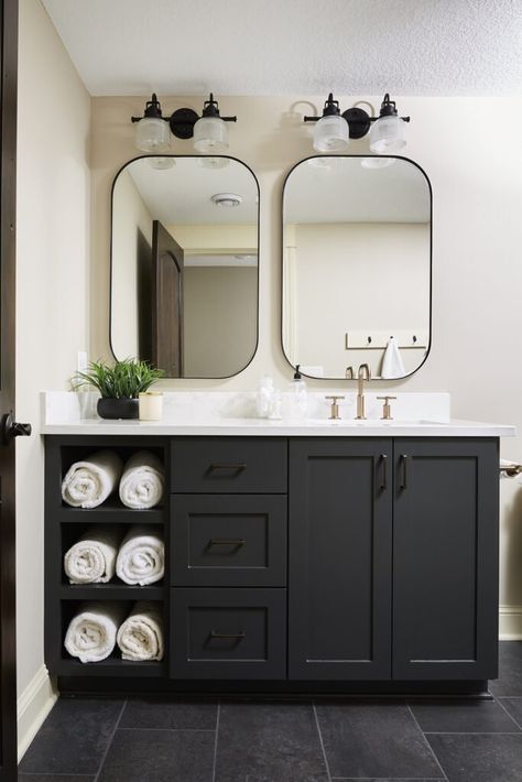 Bathroom Vanity Cabinet in Sherwin WIlliams Iron Ore Iron Ore Bathroom, Best Greige Paint Color, 90s Home, Dark Decor, Oak Trim, Popular Paint Colors, Oak Kitchen Cabinets, Honey Oak, Old Lights