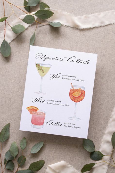 The Sloan Signature Cocktail Sign aligns beautifully with the rest of your invitation stationery and wedding day paper for a cohesive look. It can be spruced up even more with a custom cocktail watercolor designed by Reverie Paper Co. #SignatureCocktailSign #WeddingDayPaper #DayofDetails #CustomArtwork #Cocktail #Watercolor #BarMenu #WeddingPaper #Wedding Speciality Cocktails Wedding, Watercolor Wedding Menu Card, Specialty Cocktail Sign, Cocktail Menu Design Ideas, Wedding Cocktails Signature, Cocktail Menu Wedding, Signature Cocktail Wedding, Cocktail Menu Design, Wedding Signature Cocktails