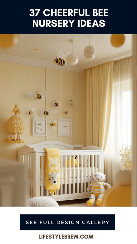 Inspiration for creating a cheerful bee nursery that showcases cozy designs and playful themes. This pin shares 37 vibrant ideas to decorate your child's room with bee-themed decor and comfortable furnishings. Bee Theme Nursery, Bright Nursery Ideas, Pale Yellow Nursery, Bee Nursery Ideas, Bee Themed Nursery, Nursery Room Design Ideas, Bumble Bee Nursery, Honeycomb Wallpaper, Bee Plush