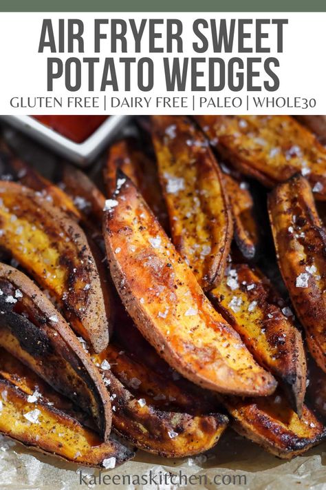 These air fryer sweet potato wedges are the perfect balance between crispy and tender. They're an easy side dish that comes together in under 20 minutes and will surely become a family favorite. Sweet Potato Wedges Air Fryer, Air Fryer Sweet Potato Wedges, Gluten Free Recipes Side Dishes, Gluten Free Sides Dishes, Sweet Potato Wedges, Easy Side Dish, Easy Air Fryer, Potato Wedges, Healthy Side Dishes