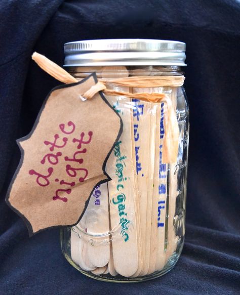 Date Jar, have the guests right on a Popsicle stick of a date night idea! Date Jar, From Movie, Popsicle Stick, Couple Shower, Newly Engaged, Movie Nights, Bridal Shower Theme, Sleeve Tattoo, Bridal Shower Games