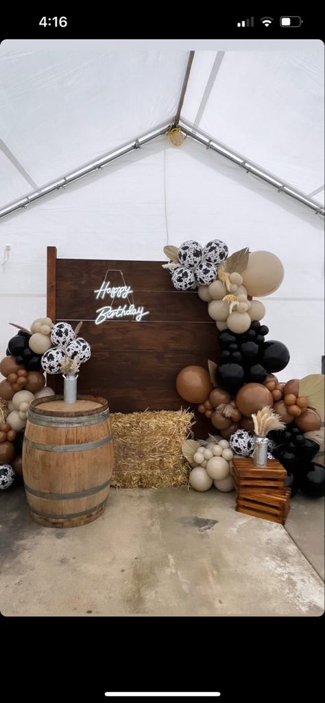 Country Bday Party, Western 60th Birthday Party Ideas, Jaripeo Theme Party, Cow Boy Birthday Party Decorations, Western Party Balloons, Duke And Boots Party, Cow Boy Theme Party Ideas, Western Party Backdrop Ideas, Sweet 16 Western Party Ideas