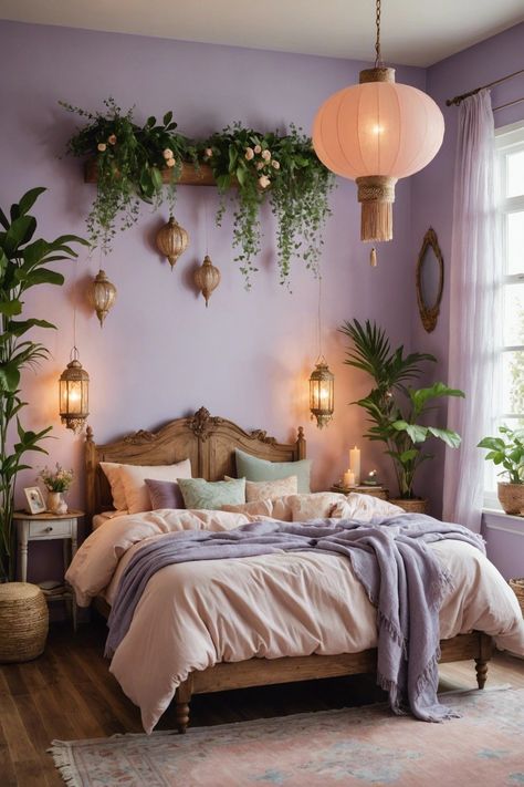 Bed Boho Style, Boho Bedroom Rainbow, Small Main Bedroom Decor Ideas, Headboard Painting Ideas, Feminine Boho Bedroom, Dopamine Bedroom, Dopamine Decor Bedroom, Boho Pink Bedroom, Boho Teenage Girl Bedrooms