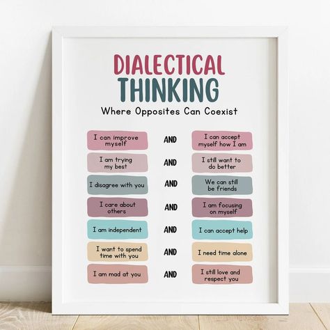 Dialectical thinking is a person’s ability to consider multiple perspectives instead of looking at a situation as “all good” or “all bad.” It’s an important technique that will help kids and teens be able to handle difficult emotions. We created this dialectical thinking poster that lists different statements young people can tell themselves at once. For example, they can remind themselves that they can show care to other people while also priori#gratitudejournal #journalprompts #gratefulmindset #dailygratitude #thankfulheart #gratitudepractice #journalingtemplates #starttoday #mindfulmoments Dialectical Thinking, Counselling Tools, Cbt Worksheets, Self Esteem Worksheets, Dbt Skills, Growth Mindset Posters, Gratitude Journal Prompts, Dialectical Behavior Therapy, See The Good