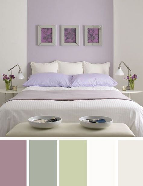 Purple Bedroom Color Scheme, Green Bedroom Colors, Violet Bedroom, Lilac Room, Green And White Bedroom, Lilac Bedroom, Lavender Bedroom, Bedroom Purple, Modern Bedroom Ideas