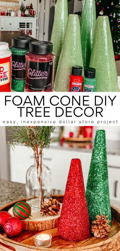 DIY Foam Cone Tree Decor Craft is easy and fun for the whole family. Easily customized to any room's color scheme or Christmas decor concept! Simple, modern Christmas decor that you'll want to keep year after year. Great Christmas craft night idea! DIY Christmas tree craft. Glitter crafts, Mod Podge crafts, acrylic paint crafts. Red and green glitter Christmas trees. #diychristmastree #glitterchristmastrees #glittercrafts #christmascraftnight #foamconetree #foamconecrafts #holidaycraft #holidays Christmas Tree Foam Crafts, Diy Glitter Cone Tree, Diy Foam Christmas Tree, Foam Cone Crafts, Foam Christmas Tree Crafts, Acrylic Paint Crafts, December Decorations, Xmas Centerpieces, Cones Diy